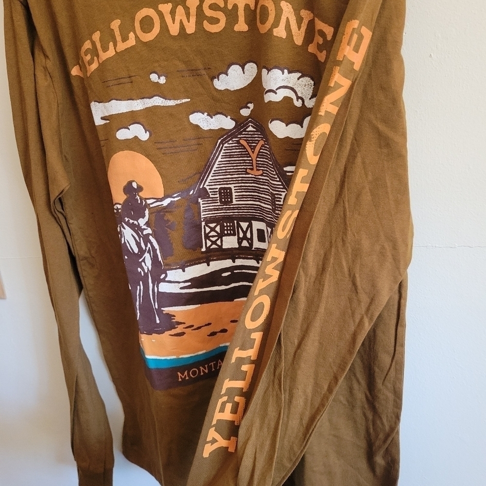 Yellowstone Long Sleeve Tee Cotton Montana Mustand Yellow Tan Large - Picture 4 of 9